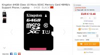Super affaire : moins de 13.5 euros une carte mémoire micro sd 64go kinston