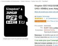 Carte mémoire kingston micro sd 32go à 7.52 euros port inclus