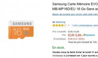 Carte mémoire micro sd 16go samsung evo à 4.69 euros (premium amazon)