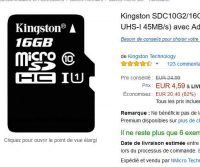 Carte micro sd 16go kingston à 4.59 euros port inclus