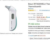 Thermometre intra auriculaire braun à 22 euros le 3/05