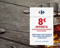 Carrefour  : 8€ offerts par tranche de 20€ d’achats sur les alcools du 8 au 10 fevrier