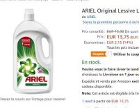 7.25€ le gros bidon de lessive Ariel 56 lavages (premium amazon)