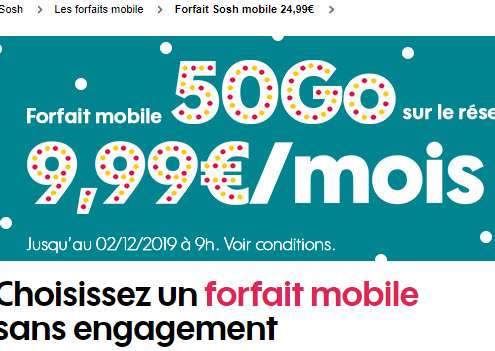 9,99€ au lieu de 24.99€ le forfait mobile SOSH 50Go illimité