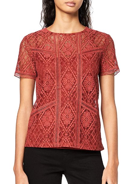 Morgan T-Shirt Femme – Manches Courtes Dentelle, Col V, Coupe Droite – Top Élégant Et Féminin