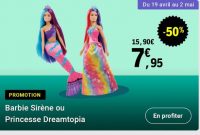 7.95€ la poupée Barbie Sirene ou Dreamotopia (50% de réduction)